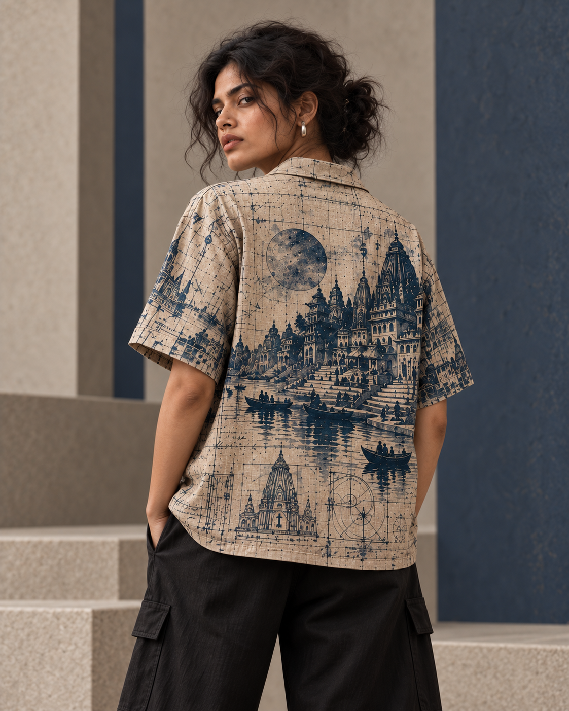 Ghat Blueprint women's printed casual shirt with dark Varanasi grunge design by ZERO CODE - view 3