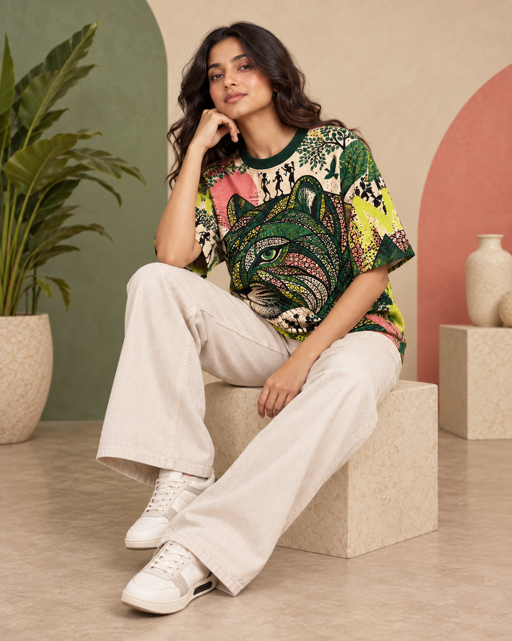 Gond Frequency women's oversized t-shirt with Gond folk-art design by ZERO CODE - view 3