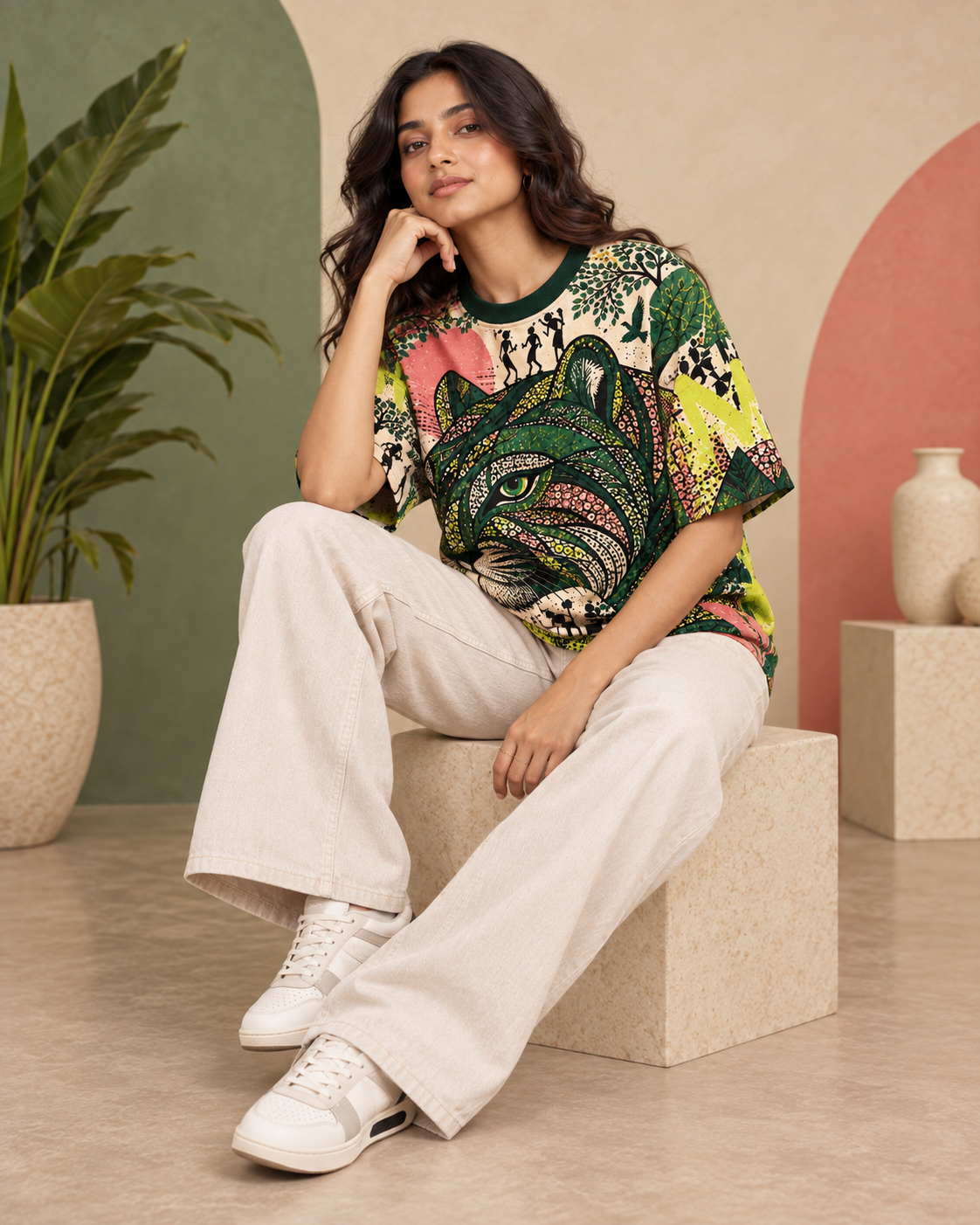 Gond Frequency women's oversized t-shirt with Gond folk-art design by ZERO CODE - view 3