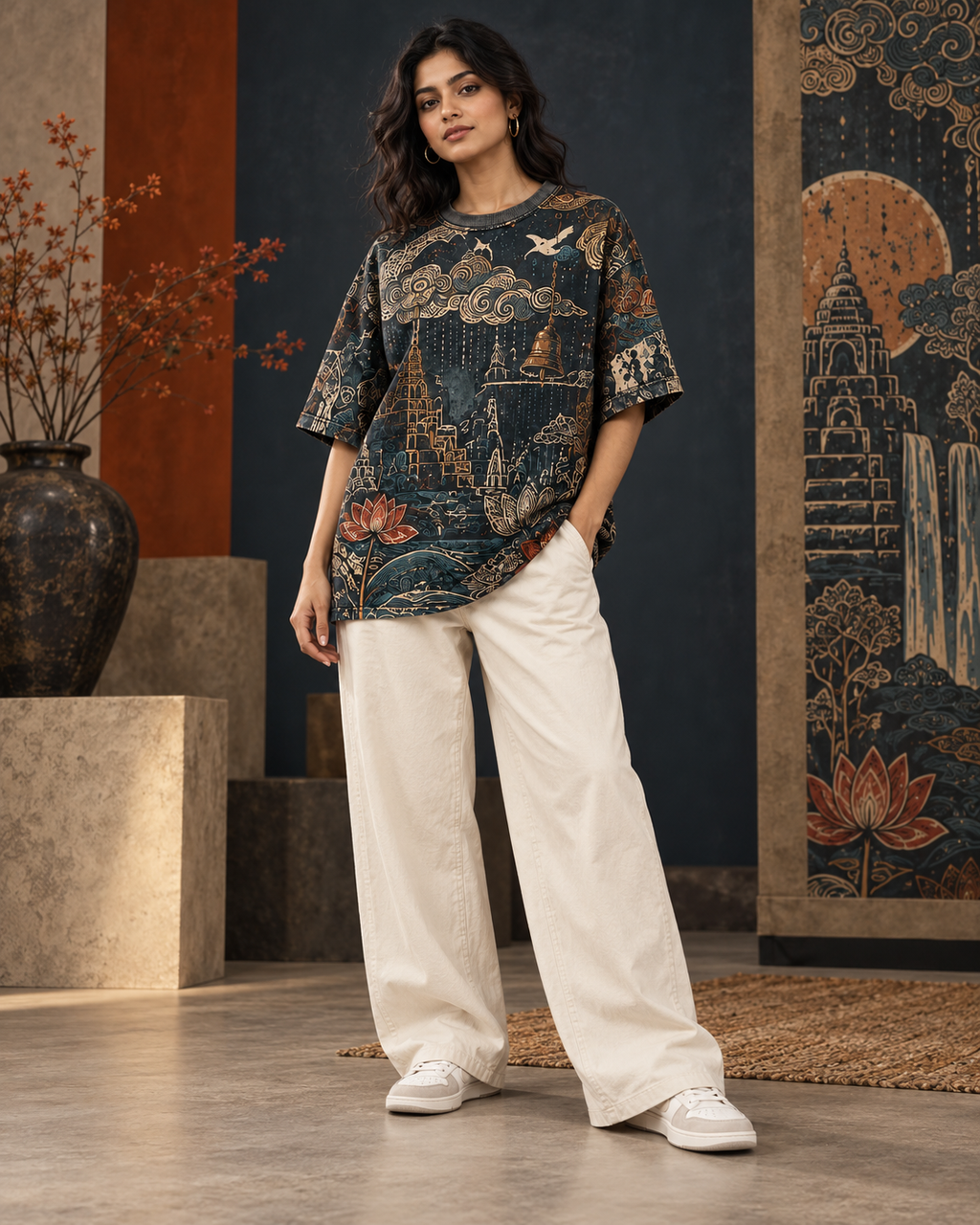 Monsoon Temple women's oversized t-shirt with Madhubani folk-art design by ZERO CODE - view 2