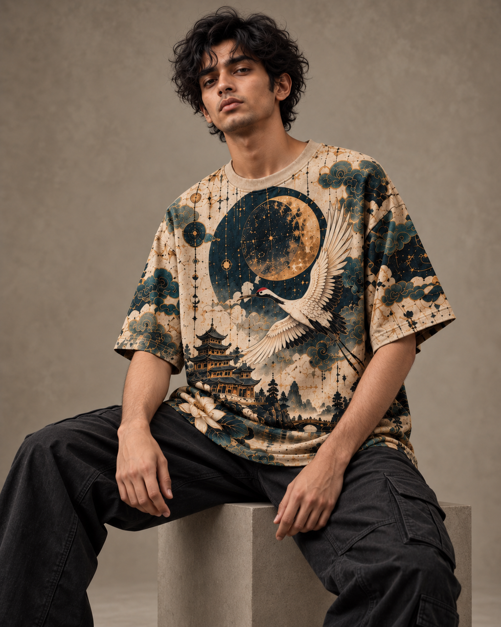 Moonlight Dreams men's oversized t-shirt with dark Varanasi grunge design by ZERO CODE - view 2