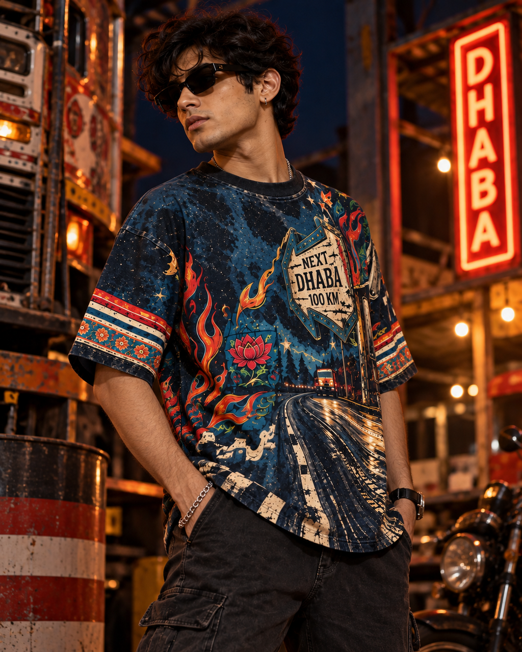 Midnight Dhaba Racing men's oversized t-shirt with retro racing and Indian road-trip design by ZERO CODE