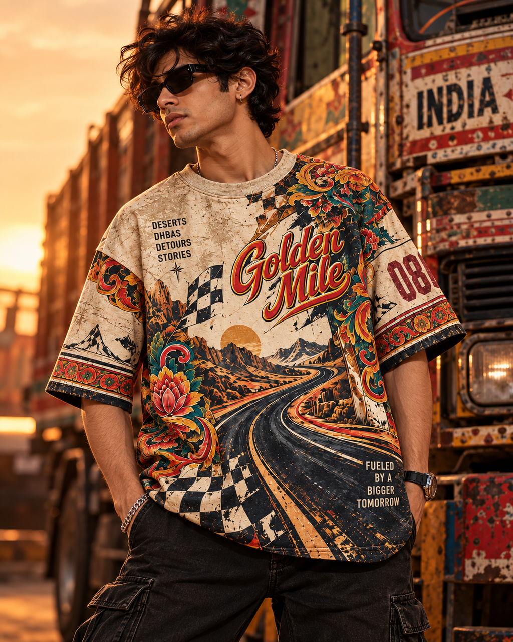 Golden Mile men's oversized t-shirt with retro racing and Indian road-trip design by ZERO CODE - view 3