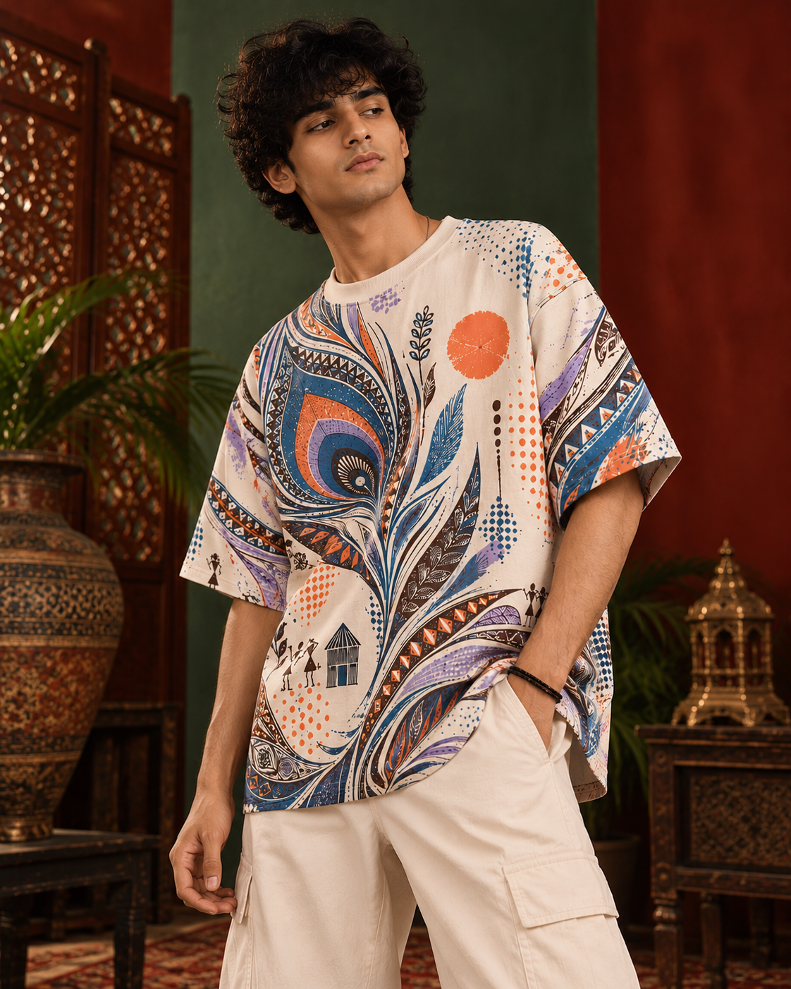 Peacock Static men's oversized t-shirt with Madhubani folk-art design by ZERO CODE - view 4