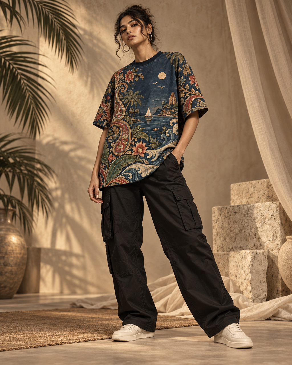Kalamkari Tide women's oversized t-shirt with tropical Indian resort design by ZERO CODE - view 3