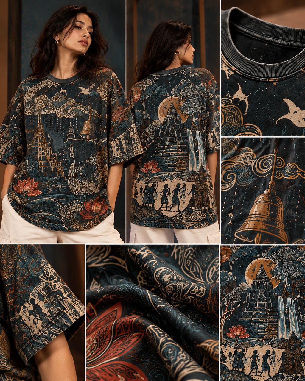 Monsoon Temple women's oversized t-shirt with Madhubani folk-art design by ZERO CODE - view 6