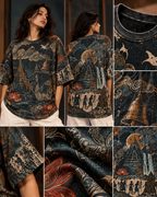 Monsoon Temple women's oversized t-shirt with Madhubani folk-art design by ZERO CODE - view 6