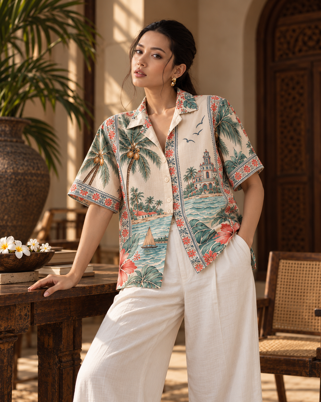 Coconut Riviera women's printed casual shirt with tropical Indian resort design by ZERO CODE - view 2