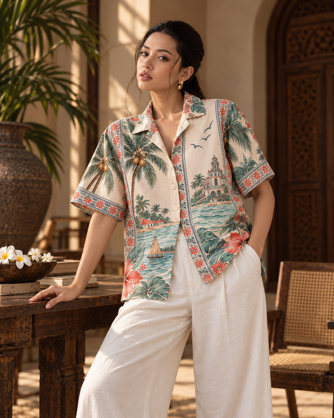 Coconut Riviera women's printed casual shirt with tropical Indian resort design by ZERO CODE - view 2