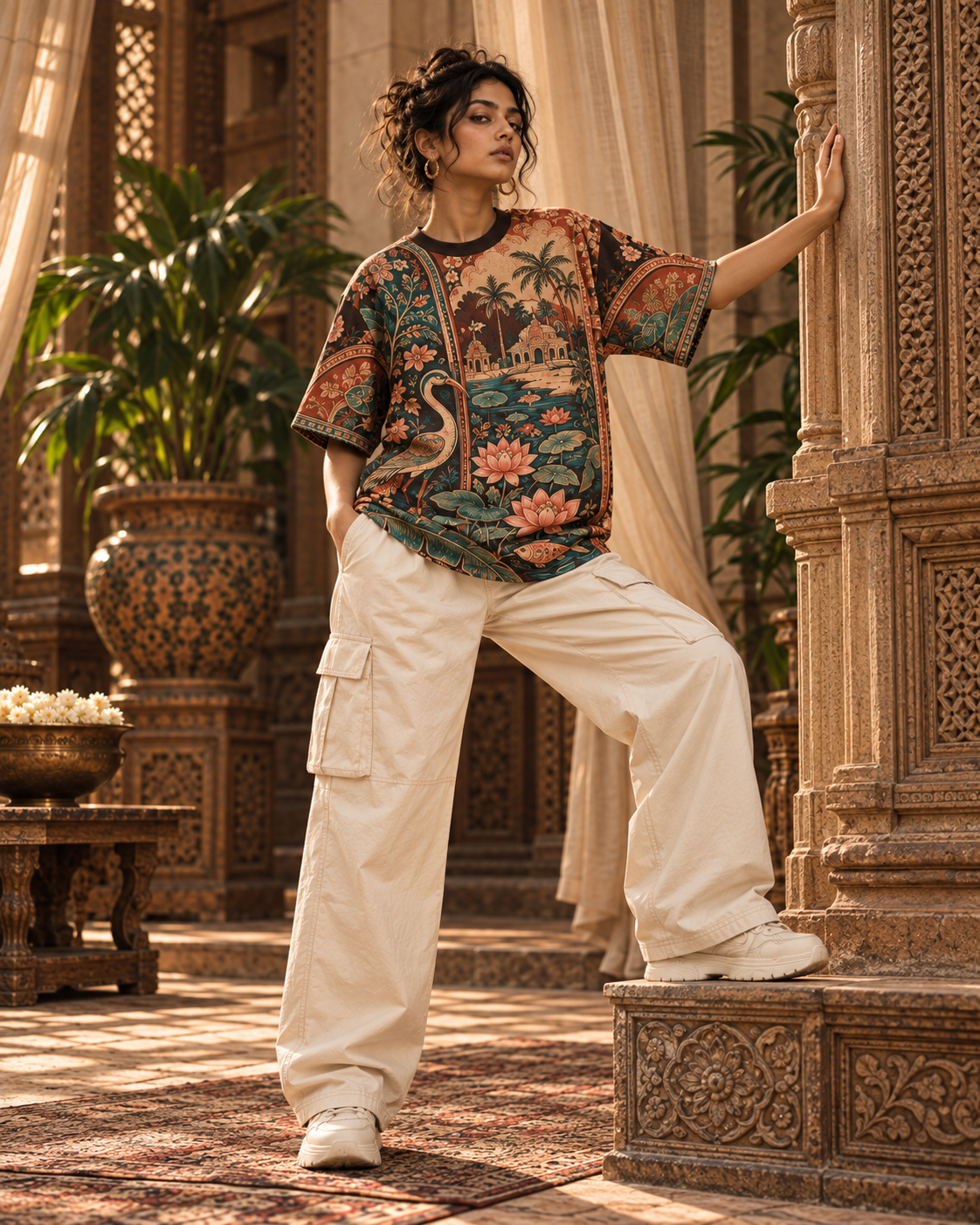 Pattachitra Paradise women's oversized t-shirt with tropical Indian resort design by ZERO CODE - view 5