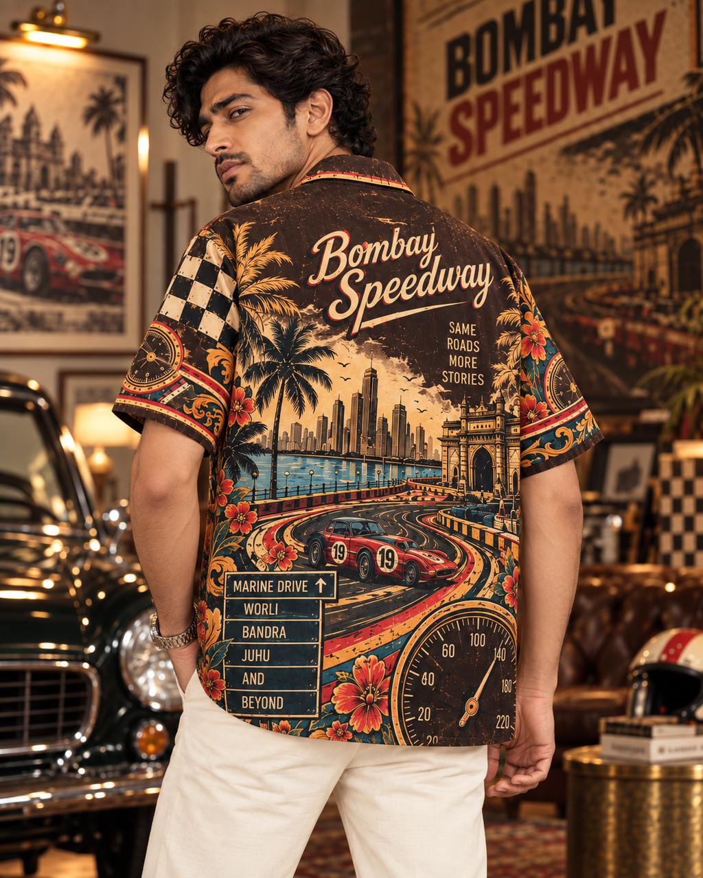 Bombay Speedway men's printed casual shirt with retro racing and Indian road-trip design by ZERO CODE - view 2
