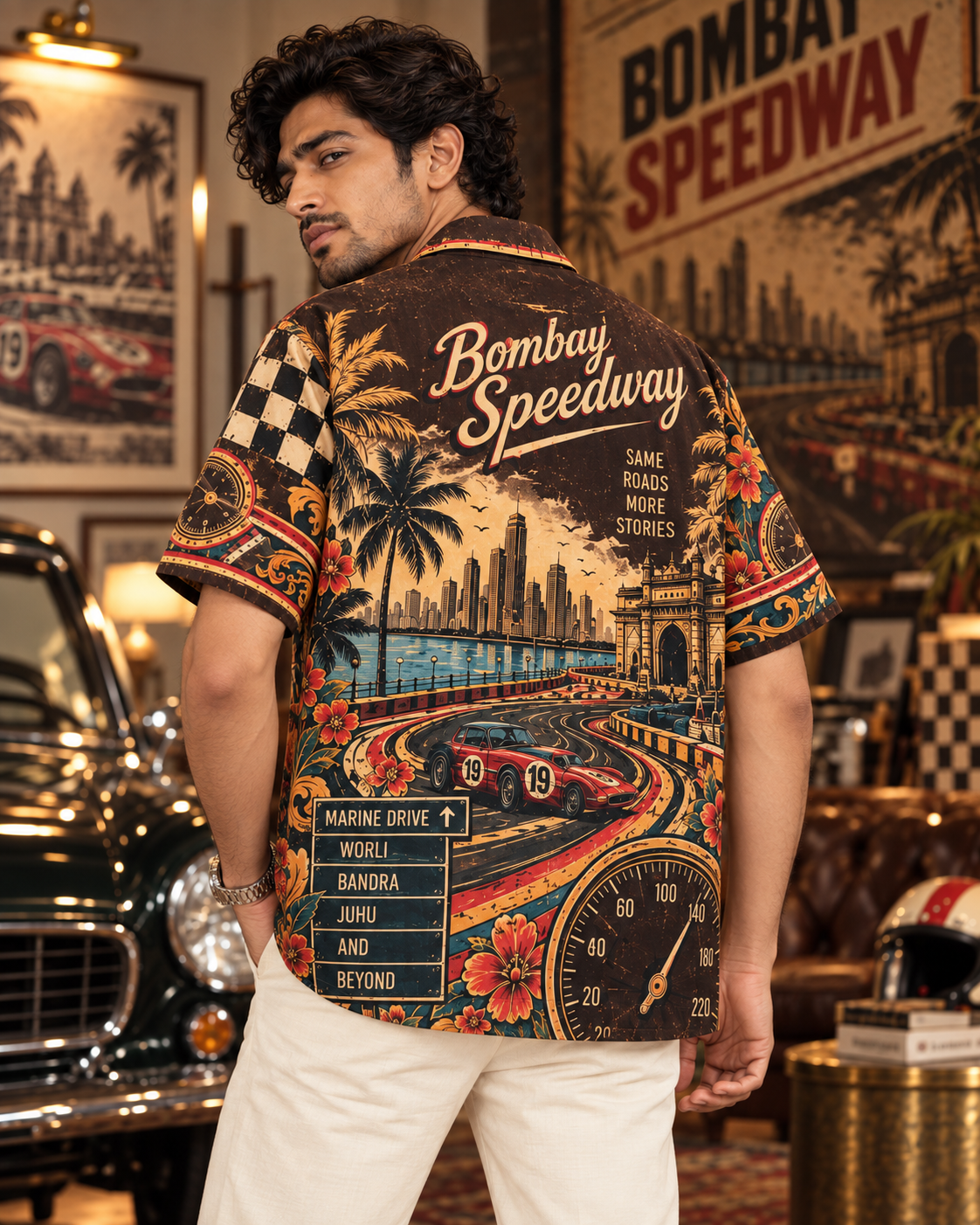 Bombay Speedway men's printed casual shirt with retro racing and Indian road-trip design by ZERO CODE - view 2
