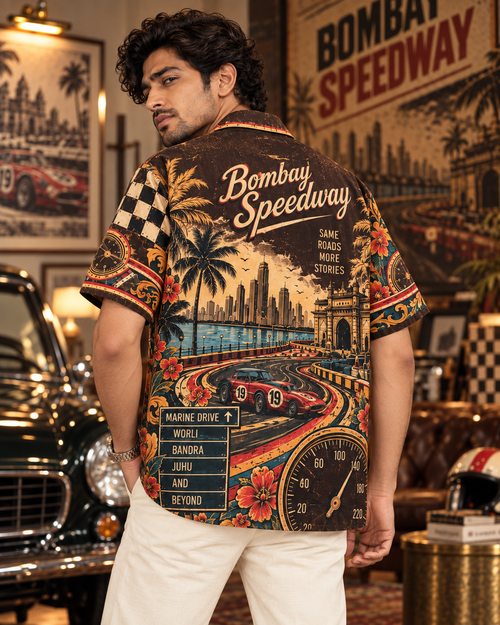 Bombay Speedway men's printed casual shirt with retro racing and Indian road-trip design by ZERO CODE - view 2