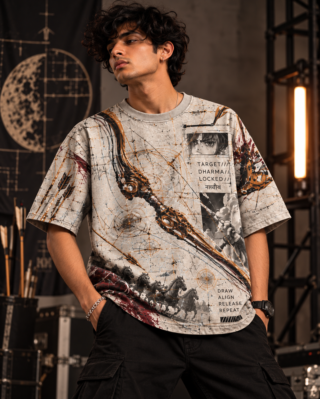 Gandiva Protocol men's oversized t-shirt with Indian mythology design by ZERO CODE - view 3