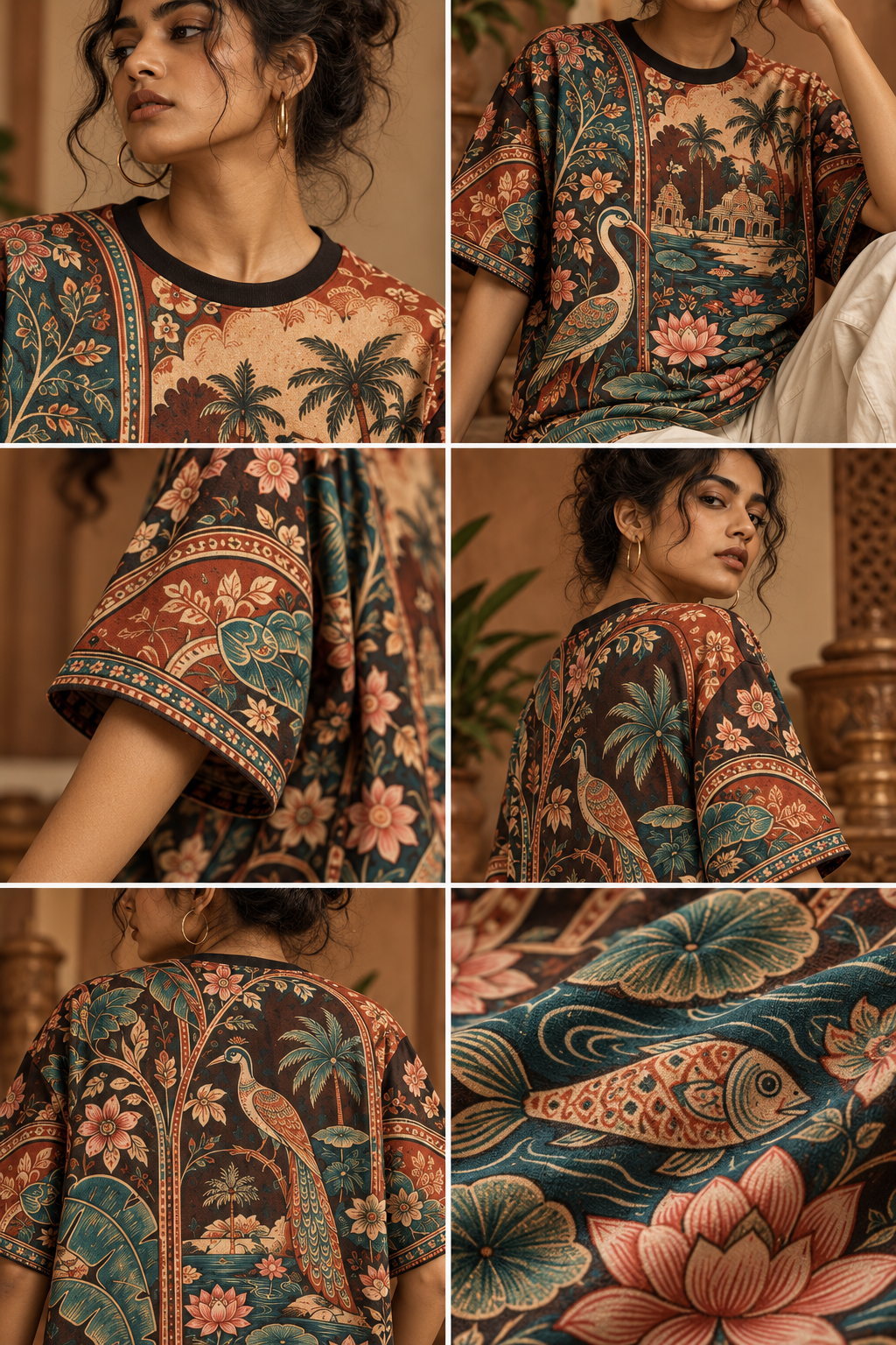 Pattachitra Paradise women's oversized t-shirt with tropical Indian resort design by ZERO CODE - view 6