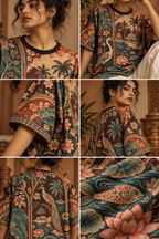 Pattachitra Paradise women's oversized t-shirt with tropical Indian resort design by ZERO CODE - view 6