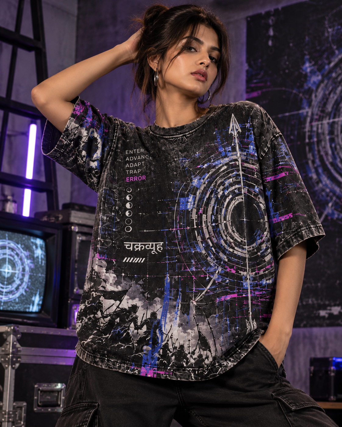 Chakravyuh Error women's oversized t-shirt with Indian mythology design by ZERO CODE - view 3