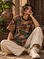 Pattachitra Paradise women's oversized t-shirt with tropical Indian resort design by ZERO CODE - view 3