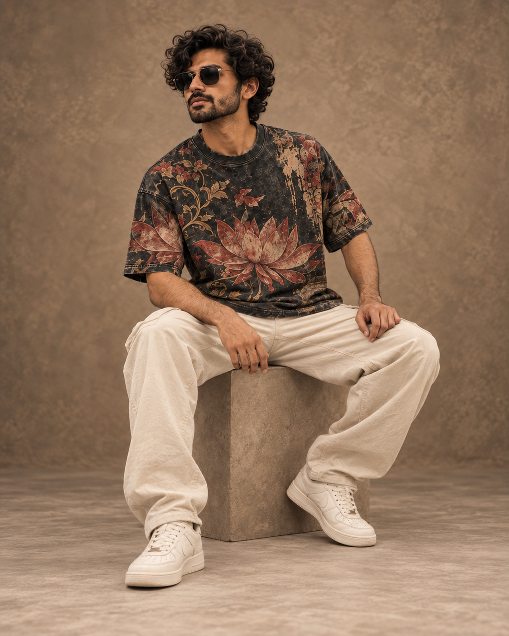 Burnt Lotus Ritual men's oversized t-shirt with tropical Indian resort design by ZERO CODE - view 2