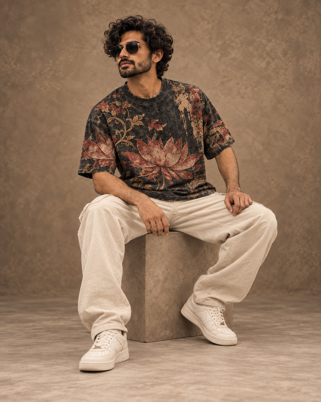 Burnt Lotus Ritual men's oversized t-shirt with tropical Indian resort design by ZERO CODE - view 2