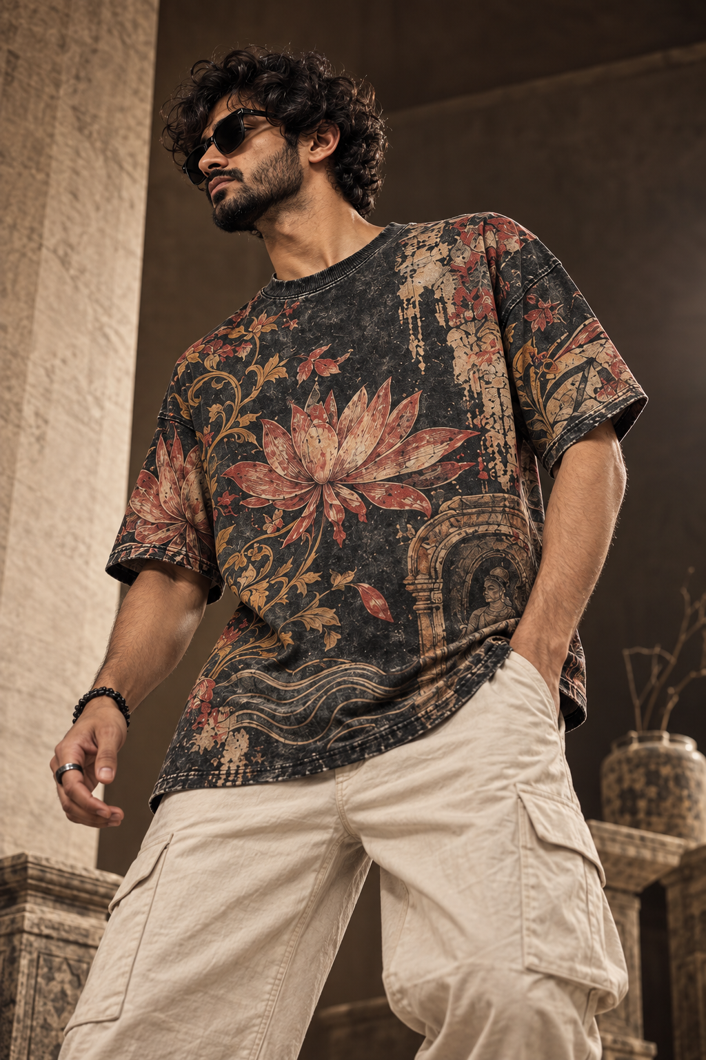 Burnt Lotus Ritual men's oversized t-shirt with tropical Indian resort design by ZERO CODE - view 3