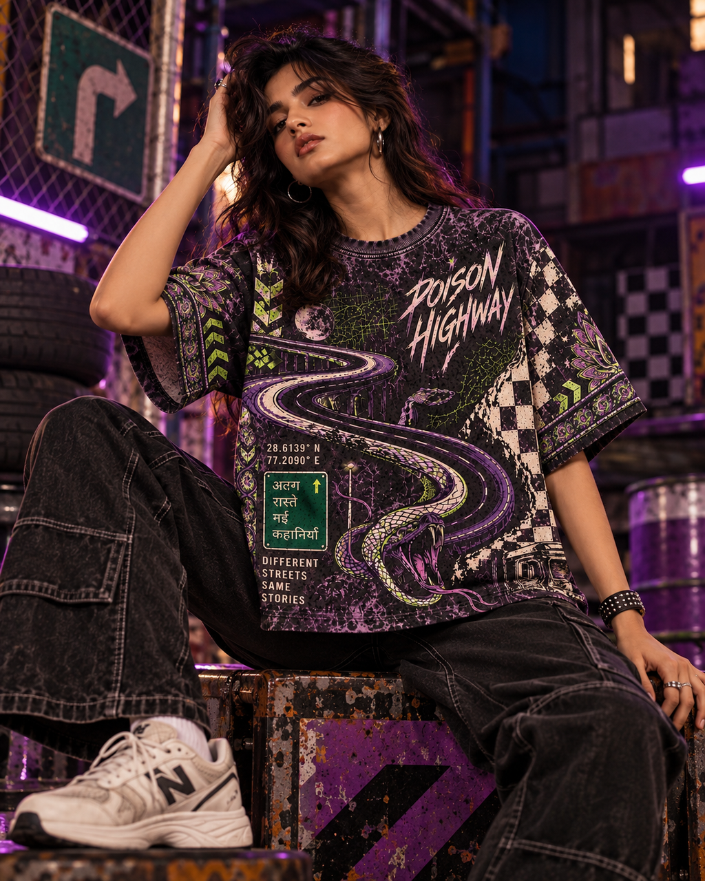 Poison Highway women's oversized t-shirt with retro racing and Indian road-trip design by ZERO CODE