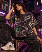Poison Highway women's oversized t-shirt with retro racing and Indian road-trip design by ZERO CODE
