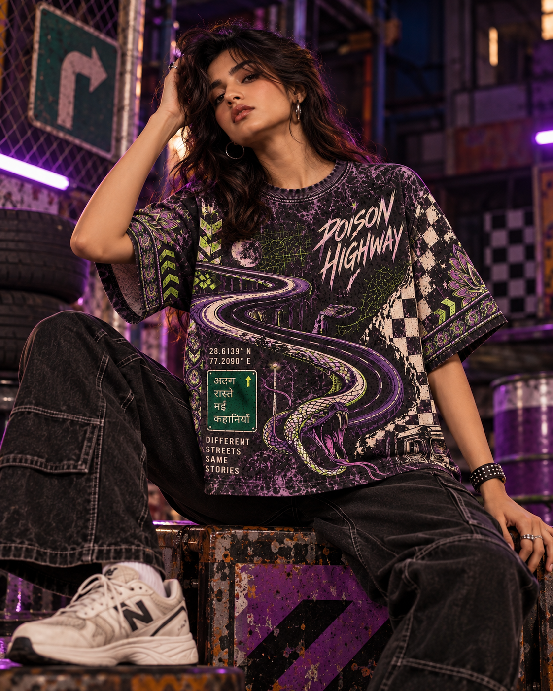 Poison Highway women's oversized t-shirt with retro racing and Indian road-trip design by ZERO CODE