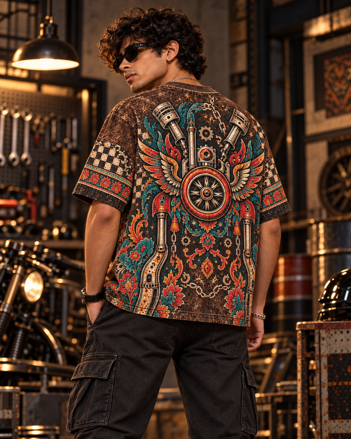 Rust Belt Raja men's oversized t-shirt with retro racing and Indian road-trip design by ZERO CODE - view 3