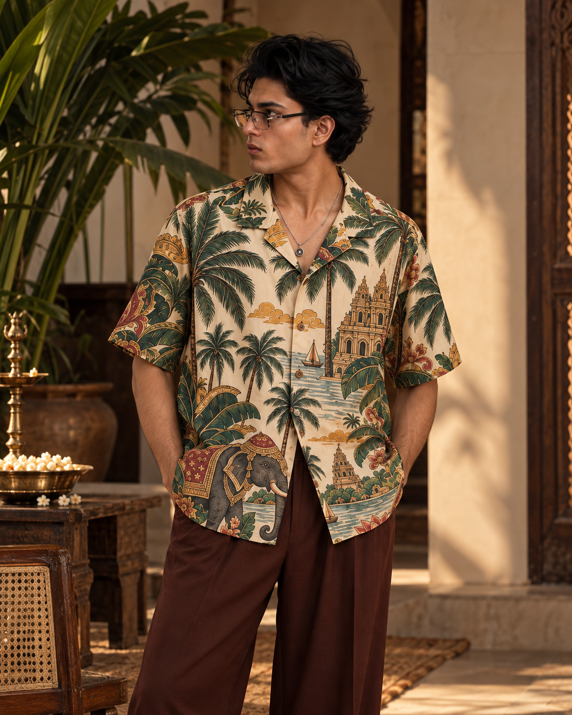 Temple Palm Club men's printed casual shirt with tropical Indian resort design by ZERO CODE