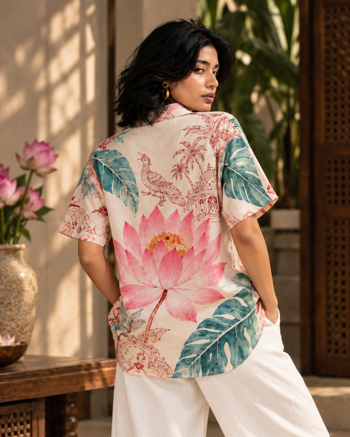 Lotus Cabana women's printed casual shirt with tropical Indian resort design by ZERO CODE - view 4