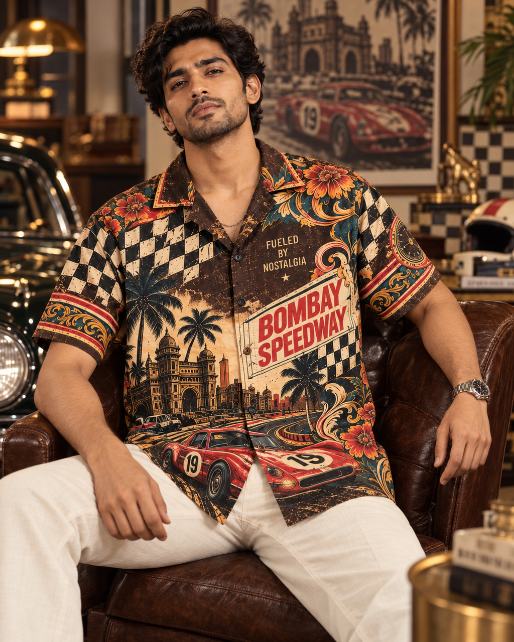 Bombay Speedway men's printed casual shirt with retro racing and Indian road-trip design by ZERO CODE