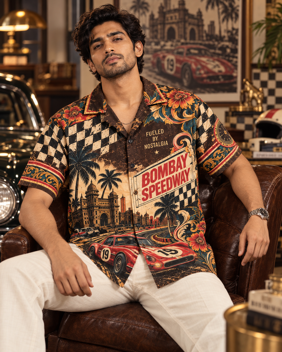 Bombay Speedway men's printed casual shirt with retro racing and Indian road-trip design by ZERO CODE