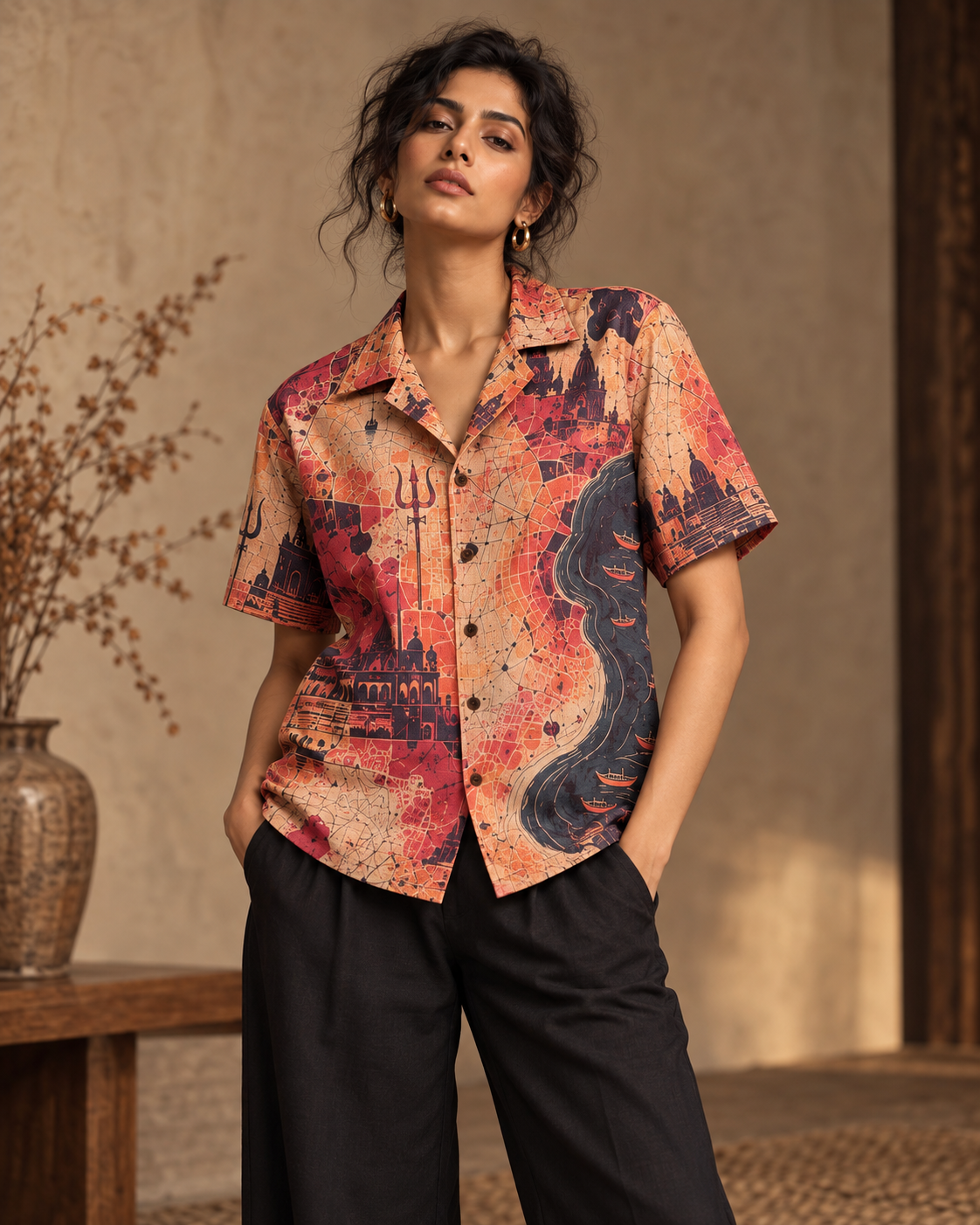 Banaras Heatmap women's printed casual shirt with dark Varanasi grunge design by ZERO CODE - view 4