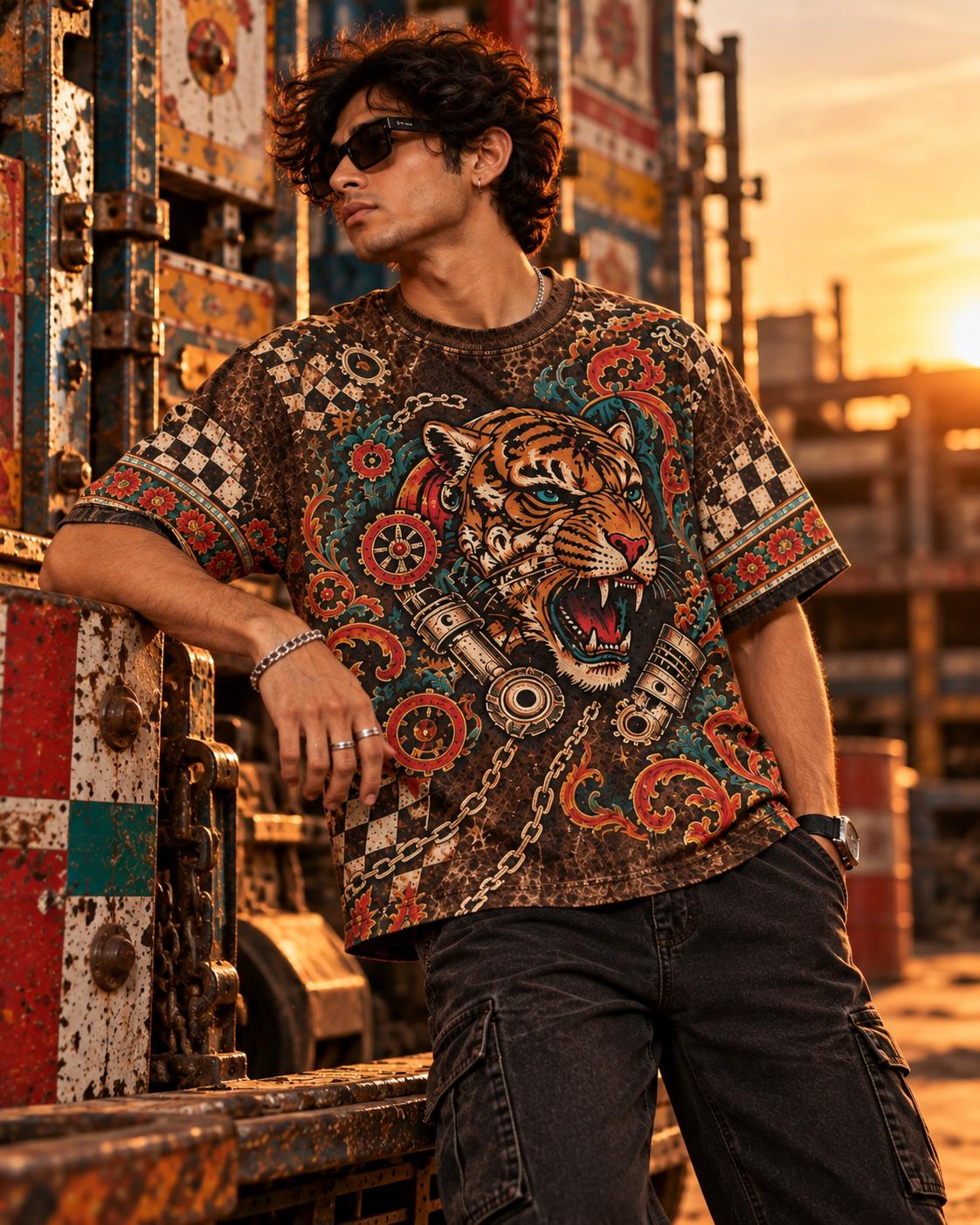 Rust Belt Raja men's oversized t-shirt with retro racing and Indian road-trip design by ZERO CODE - view 4