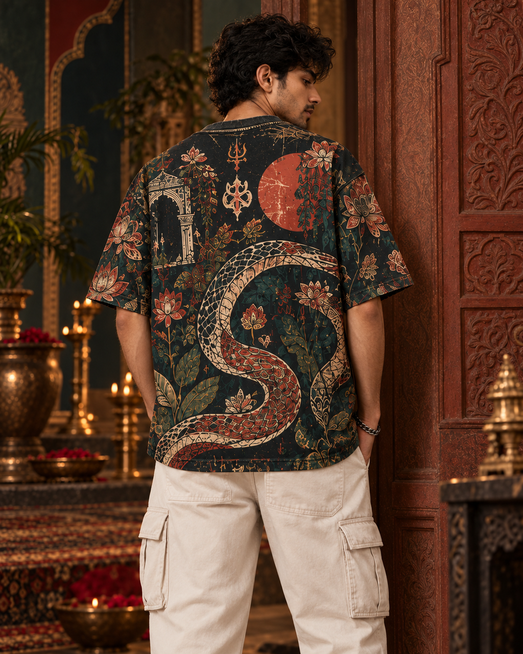 Serpent Garden men's oversized t-shirt with Madhubani folk-art design by ZERO CODE - view 4