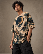 Moonlight Dreams men's oversized t-shirt with dark Varanasi grunge design by ZERO CODE