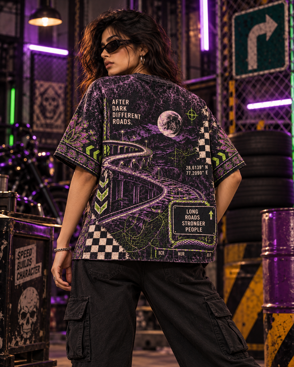Poison Highway women's oversized t-shirt with retro racing and Indian road-trip design by ZERO CODE - view 2