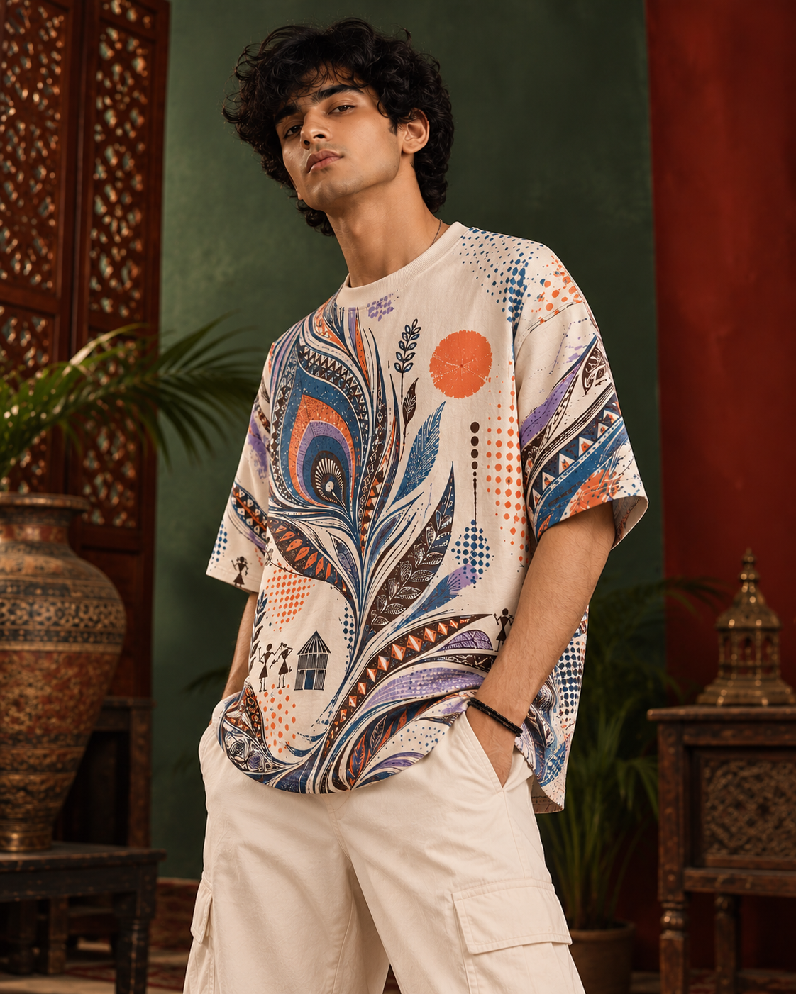 Peacock Static men's oversized t-shirt with Madhubani folk-art design by ZERO CODE - view 3