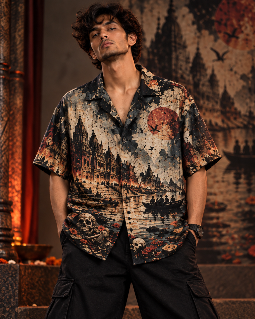 Cremation Tropicana men's printed casual shirt with dark Varanasi grunge design by ZERO CODE - view 4