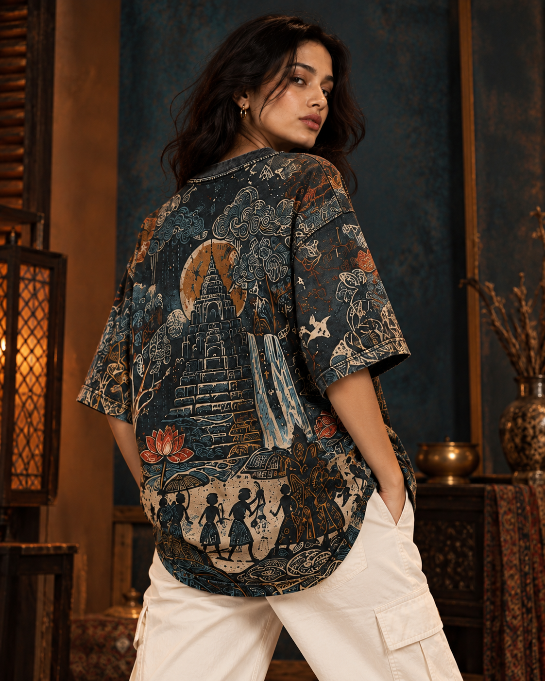 Monsoon Temple women's oversized t-shirt with Madhubani folk-art design by ZERO CODE - view 3