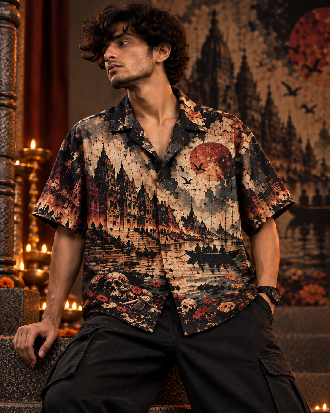 Cremation Tropicana men's printed casual shirt with dark Varanasi grunge design by ZERO CODE - view 3