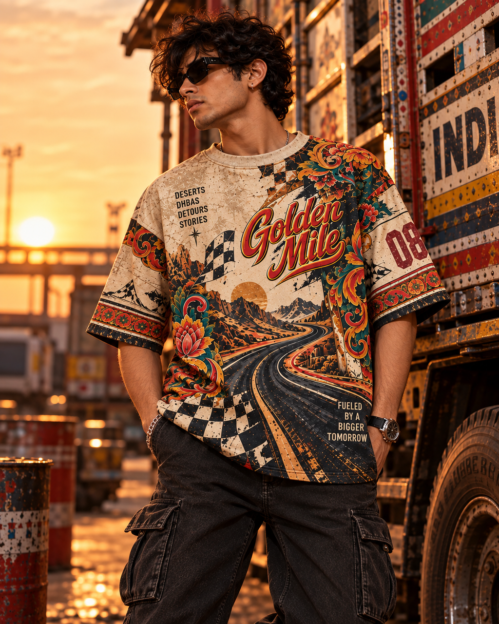 Golden Mile men's oversized t-shirt with retro racing and Indian road-trip design by ZERO CODE - view 5
