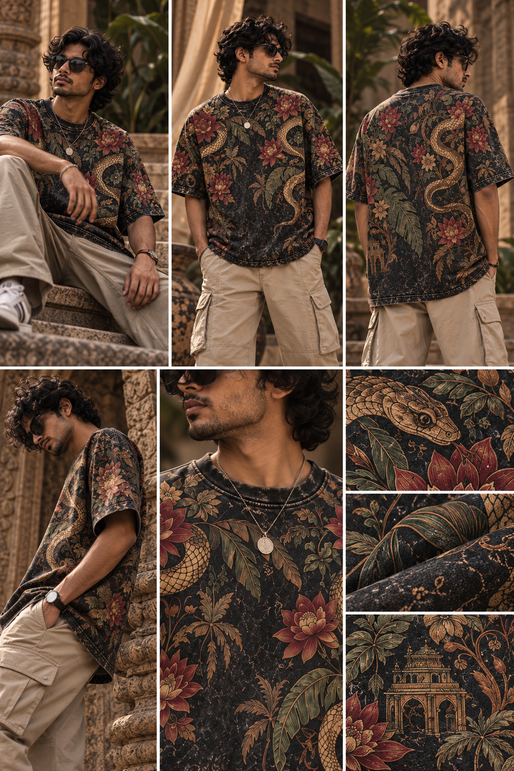 Serpent Garden men's oversized t-shirt with tropical Indian resort design by ZERO CODE - view 6
