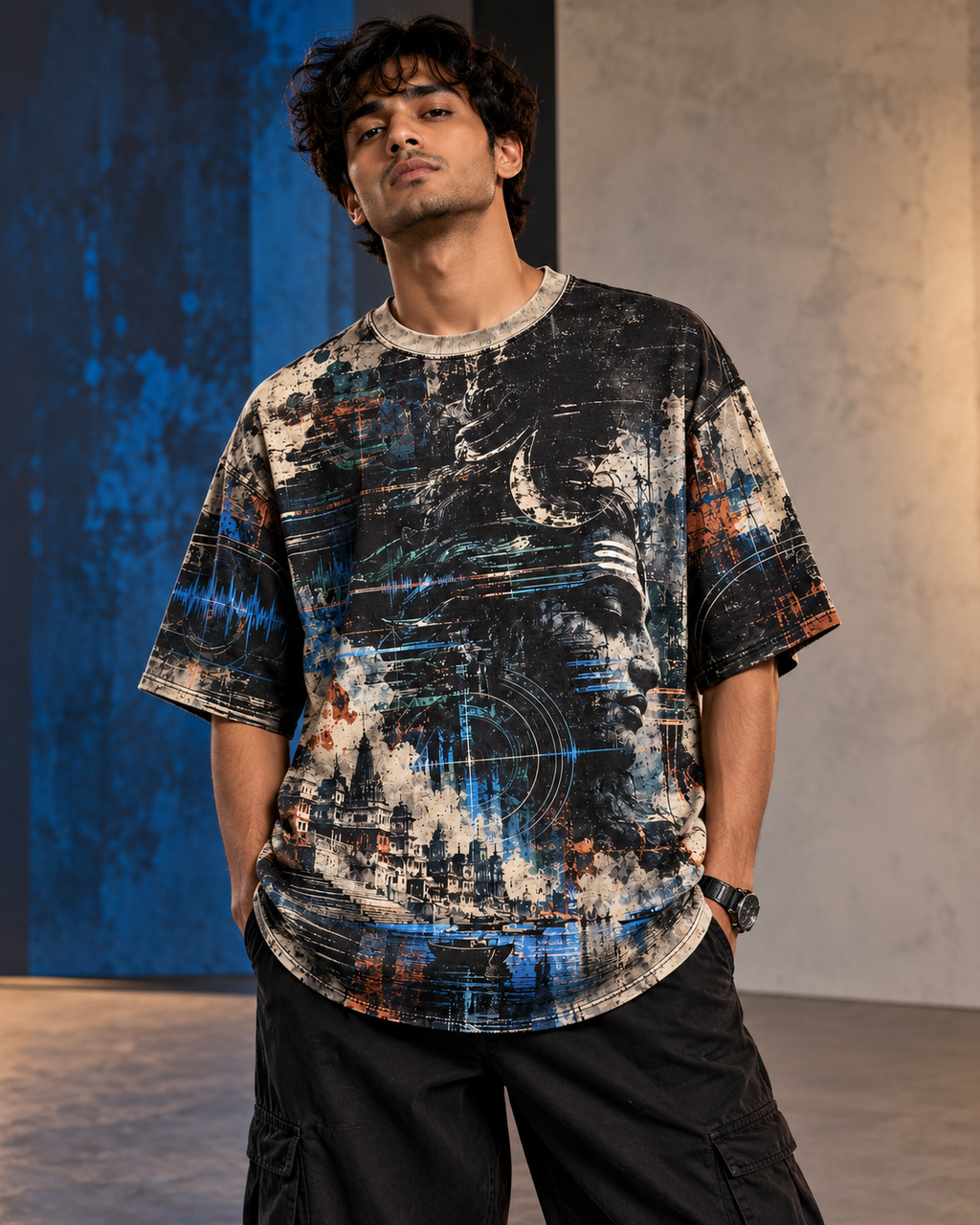 Rudra Transmission men's oversized t-shirt with dark Varanasi grunge design by ZERO CODE - view 3