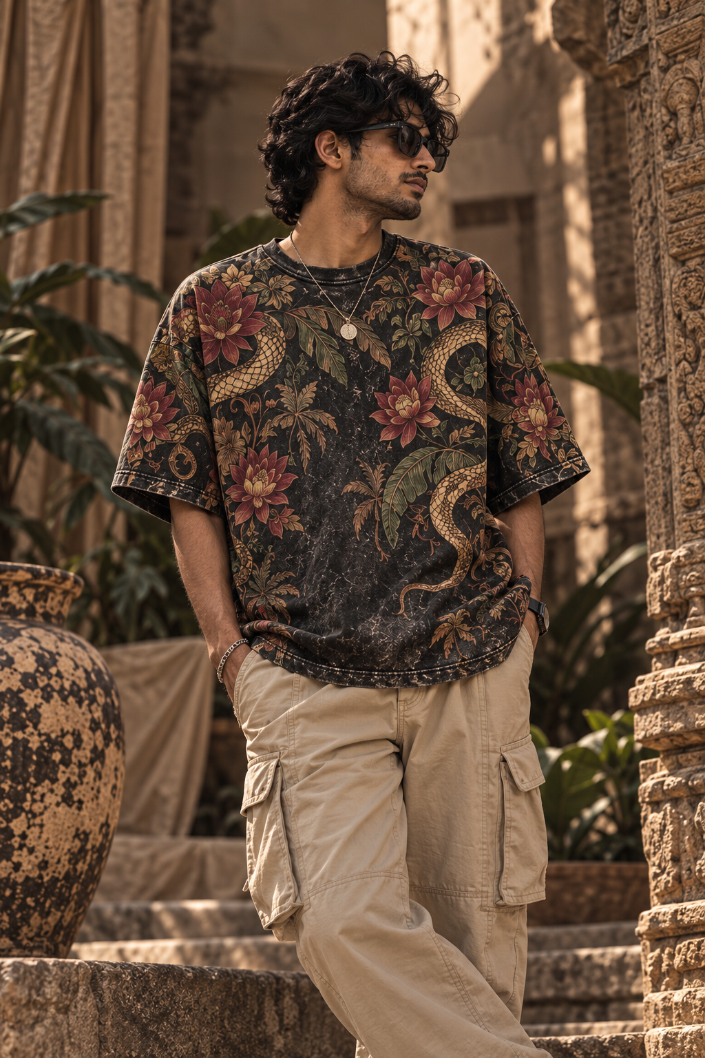 Serpent Garden men's oversized t-shirt with tropical Indian resort design by ZERO CODE - view 3