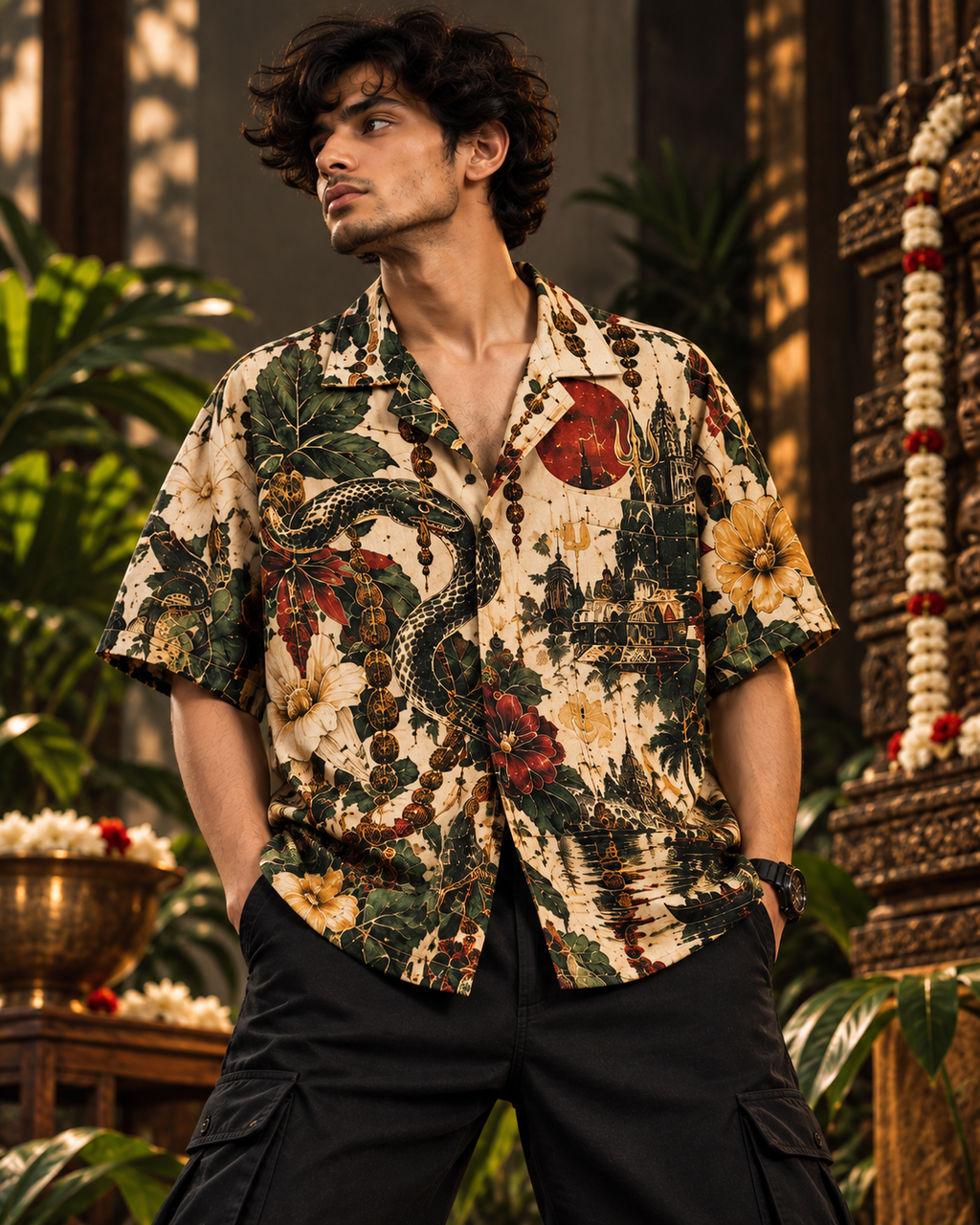 Serpent Paradise men's printed casual shirt with dark Varanasi grunge design by ZERO CODE - view 2