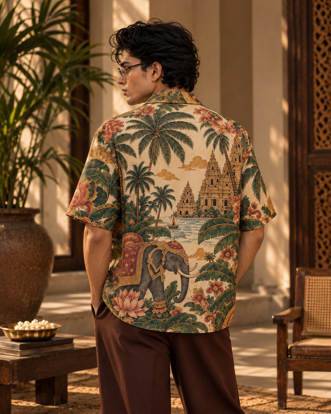 Temple Palm Club men's printed casual shirt with tropical Indian resort design by ZERO CODE - view 4
