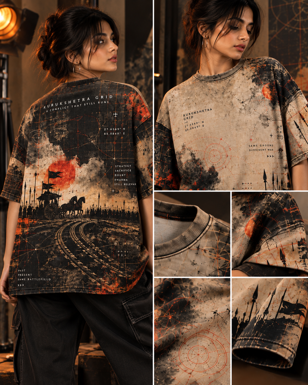 Kurukshetra Grid women's oversized t-shirt with Indian mythology design by ZERO CODE - view 6