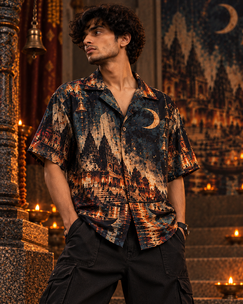 Banaras Nocturne men's printed casual shirt with dark Varanasi grunge design by ZERO CODE